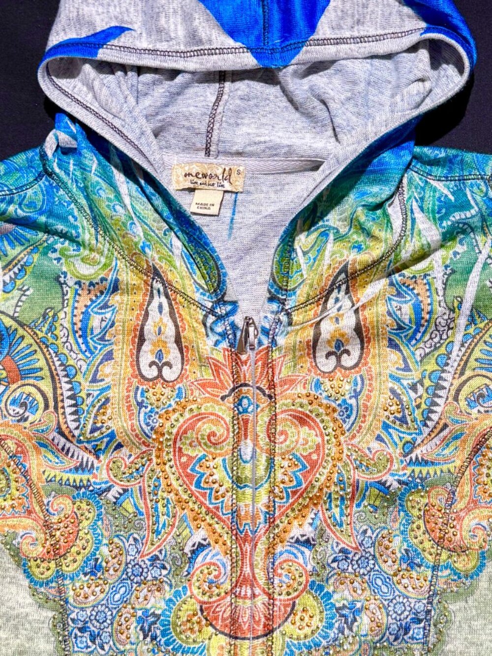 One World Womens Hoodie Small Multicolored Rhinestones Hooded Stretch